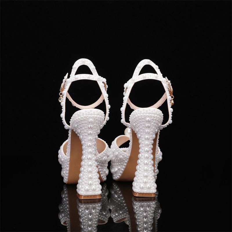 Frühling neue Fischmaul High Heels dicke Ferse Rhie Perle Frauen Einzelkleid Braut Hochzeit Schuhe_voghion.com