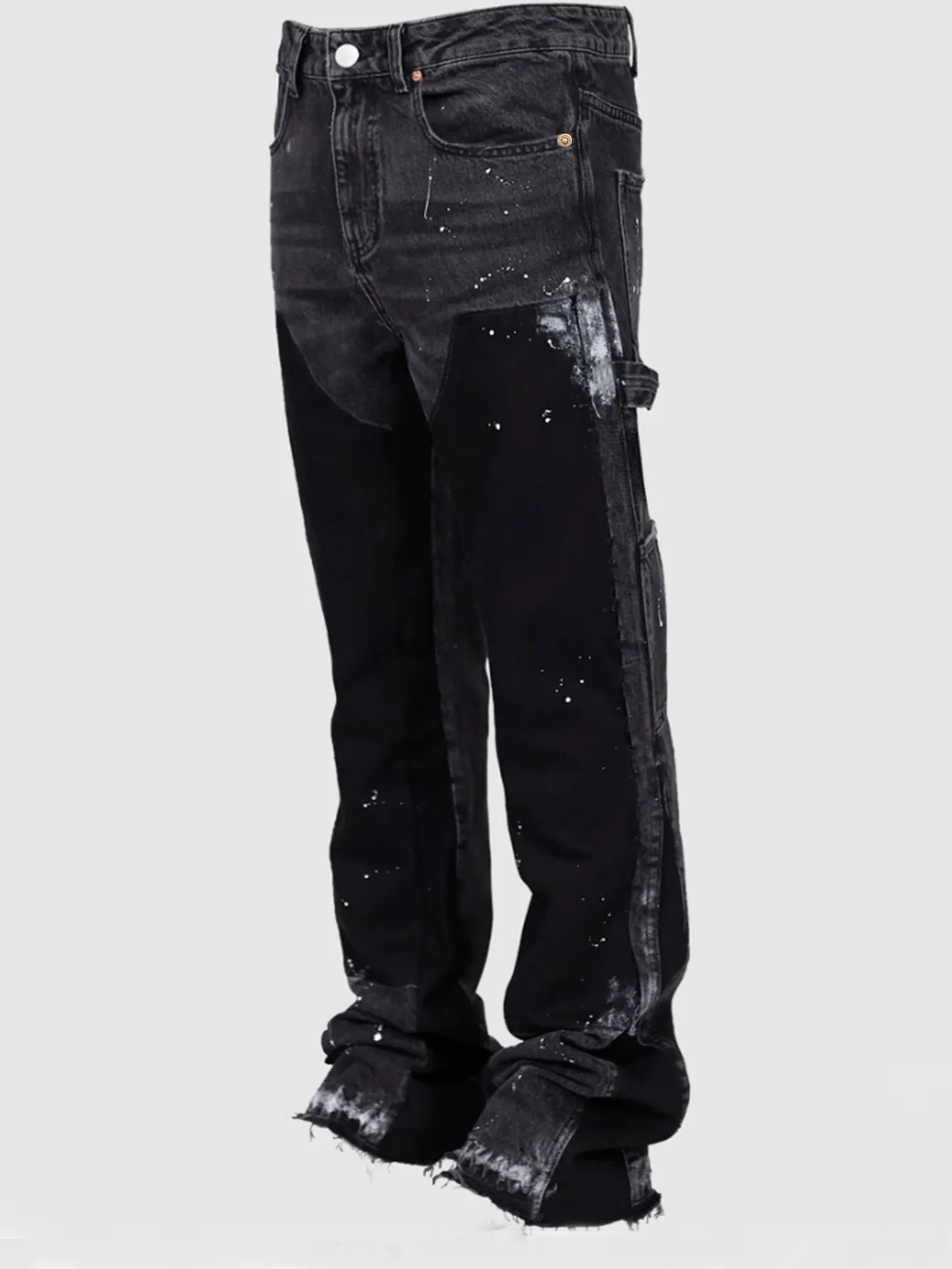 Men's Hand-Painted Flared Jeans - Black With Contrast Color Block Design, Retro Bootcut Trousers, Street Style Denim_voghion.com