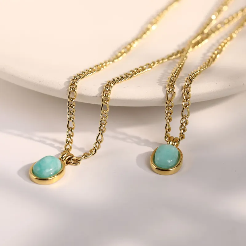 Colliers pendentifs rétro mode vert menthe pierre naturelle romaine ovale chaîne de clavicule bijoux exquis en acier inoxydable_voghion.com