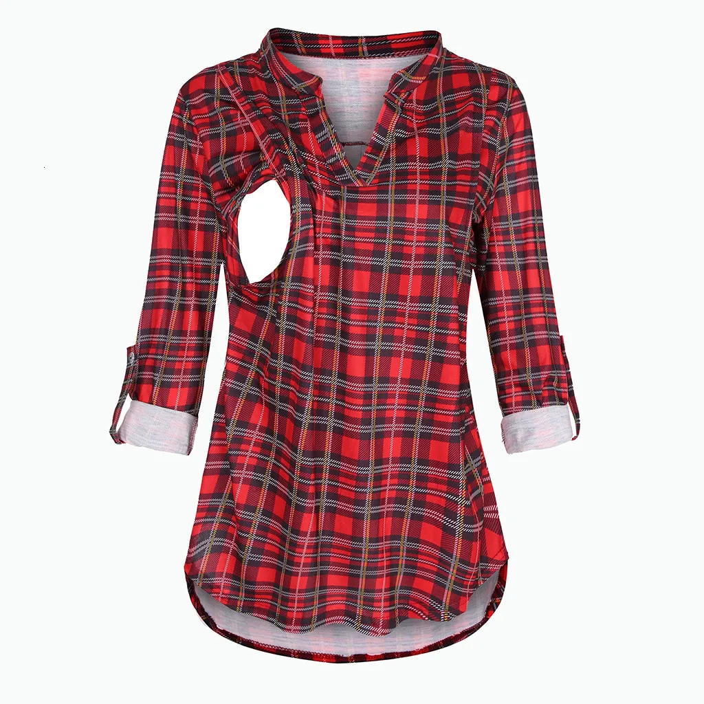 Tees Annelik Emzirme Tişörtü V Yaka Bluzlar Gömlekler Uzun Kollu Çizgili Emzirme Üstleri Hamile Kadınlar İçin Giysiler_voghion.com