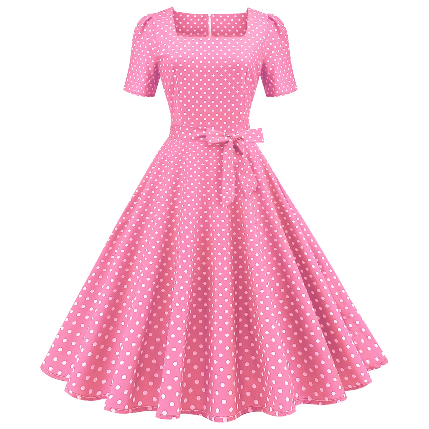 retro women's clothing foreign trade temperament square neck short sleeved polka dot print waist waist large swing dress