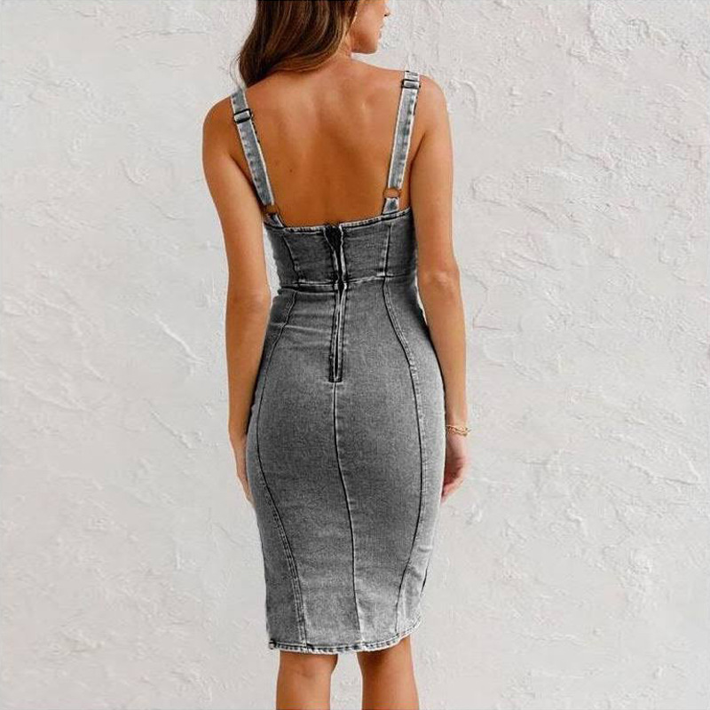 Women's Clothing Short Sleeved U Neck Suspenders Distressed Casual Style Denim Dress_voghion.com