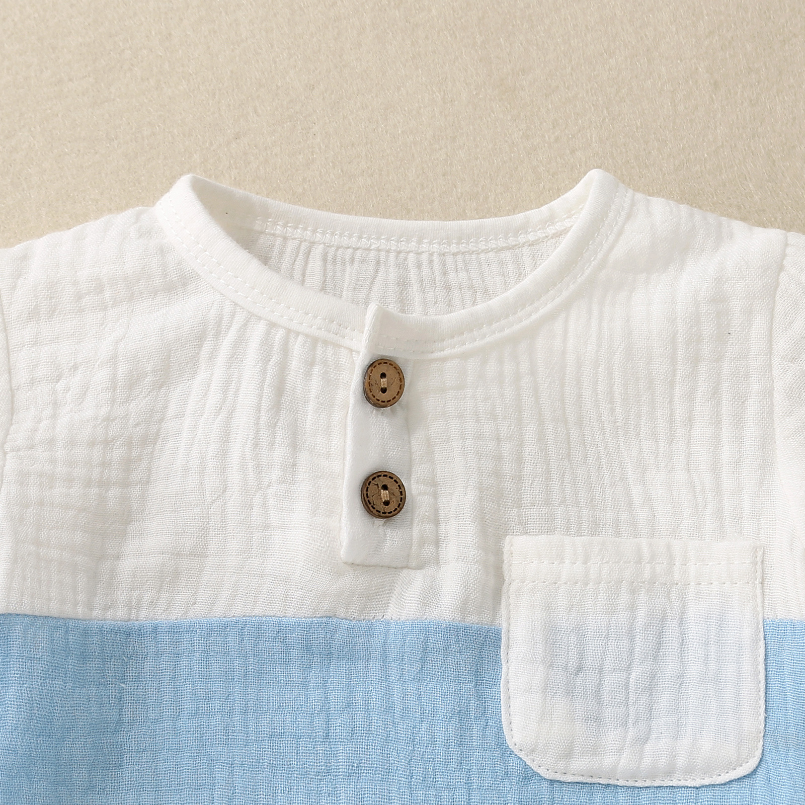 Mère et enfants infantile et enfant en bas âge bloc de couleur poitrine dessus patchwork poche col ouvert T-shirt + couleur unie cordon ensemble short et haut_voghion.com