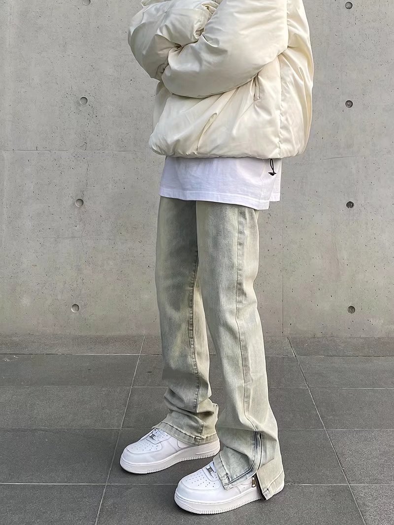 New High Street Washed Used Yellow Mud Dyeing Zipper Split Jeans Men's Straight Tube Casual Micro Pull Pants Trendy_voghion.com