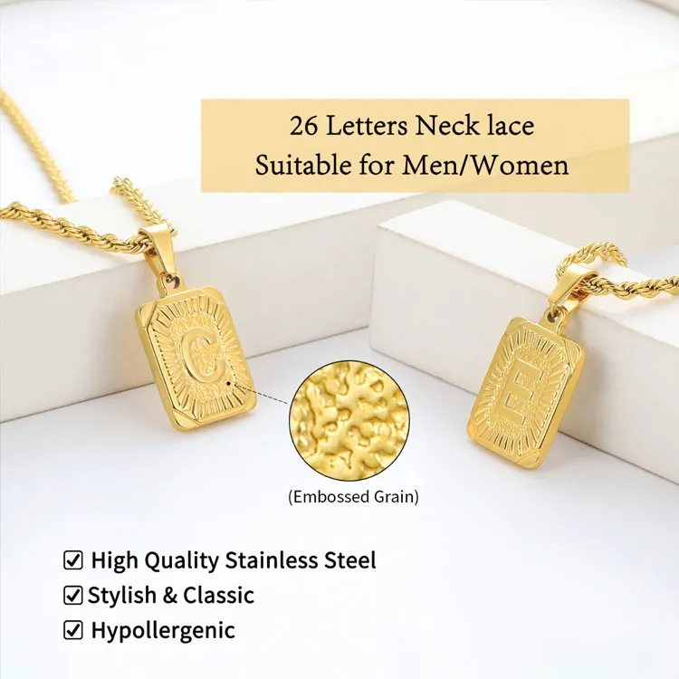 Collana con iniziale in acciaio inossidabile placcato oro, con catena a corda intrecciata, da uomo, quadrata, con alfabeto da 26 lettere_voghion.com