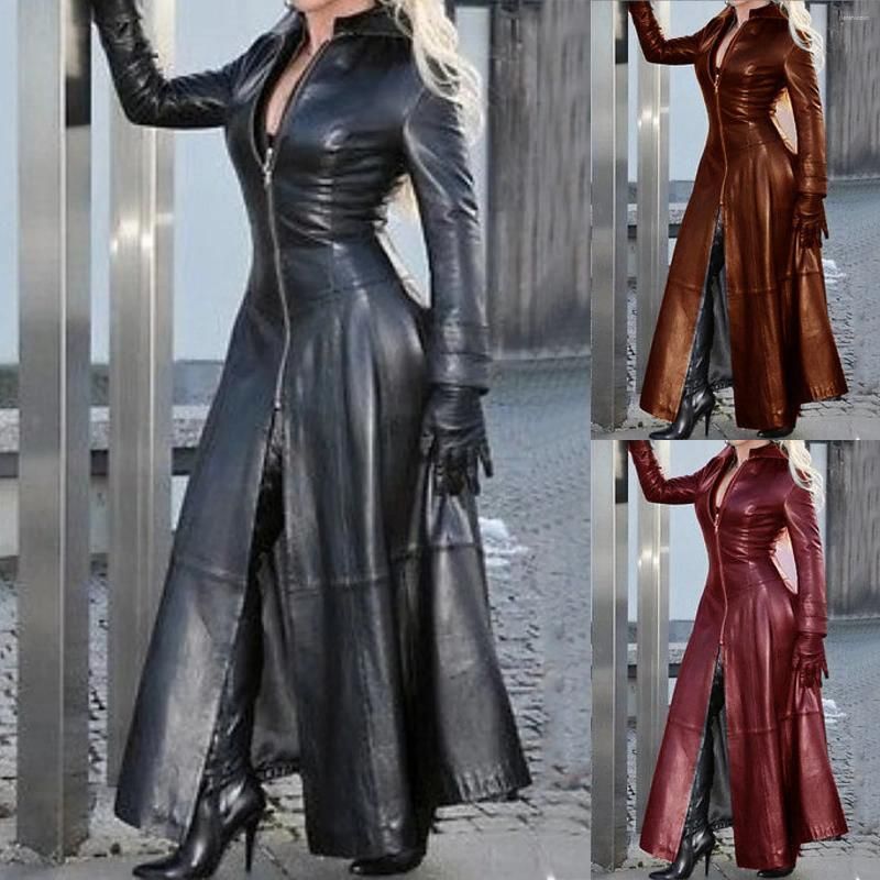 Women's clothing Plus long pu stand collar leather jacket