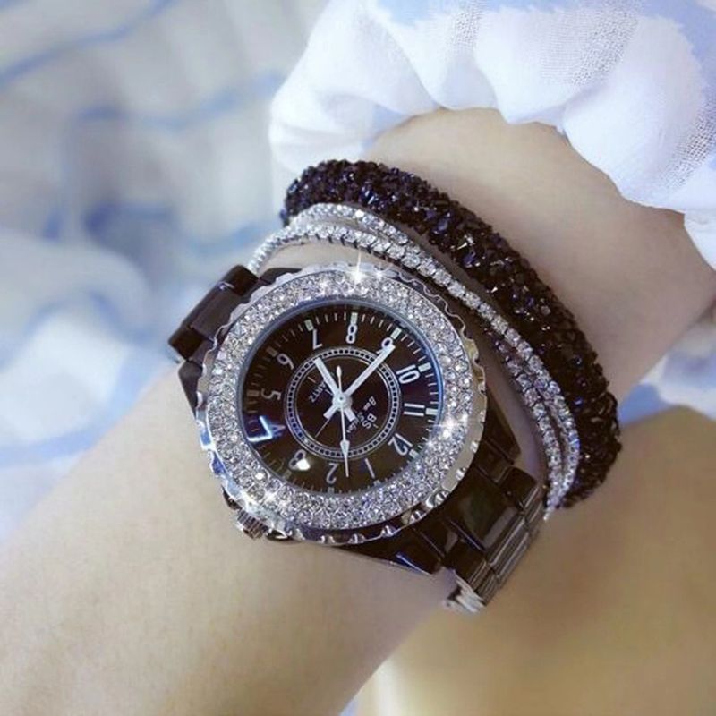 Yamaler elegante strass ceramica cinturino da donna rotondo analogico orologio da polso al quarzo regalo_voghion.com