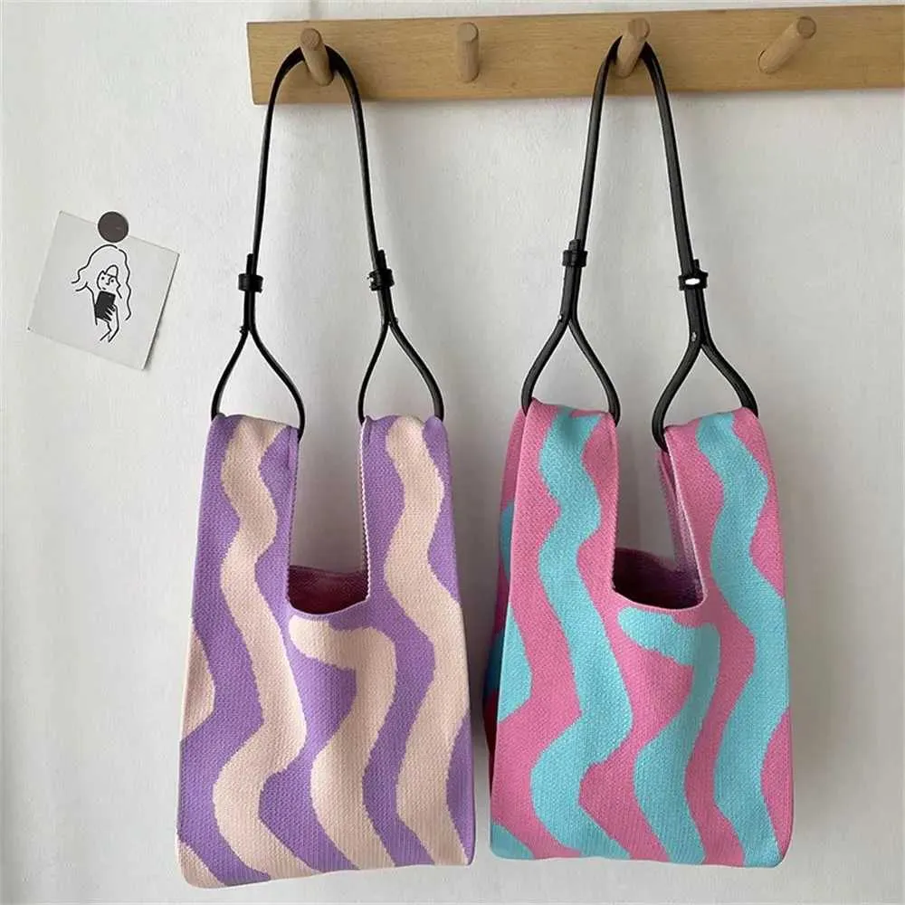 Geantă de mână mică, reutilizabilă, tricotată manual, cu dungi, pentru fete, Y241106_voghion.com