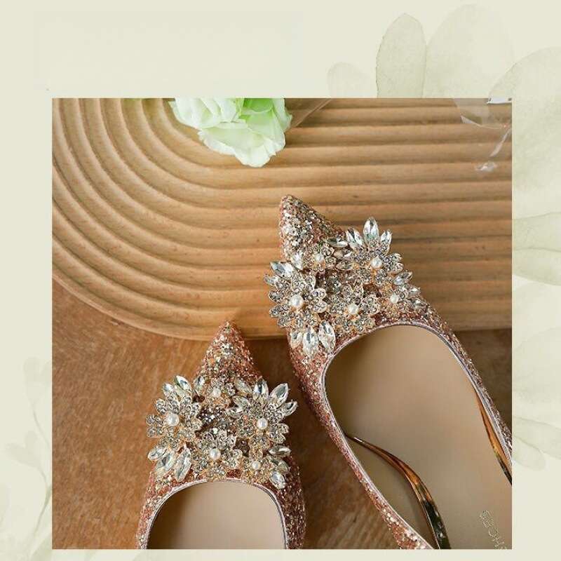 Wedding High Heels,Two Pairs Of Crystal Bridal Shoes,Women's New Champagne Color Rhinestone_voghion.com