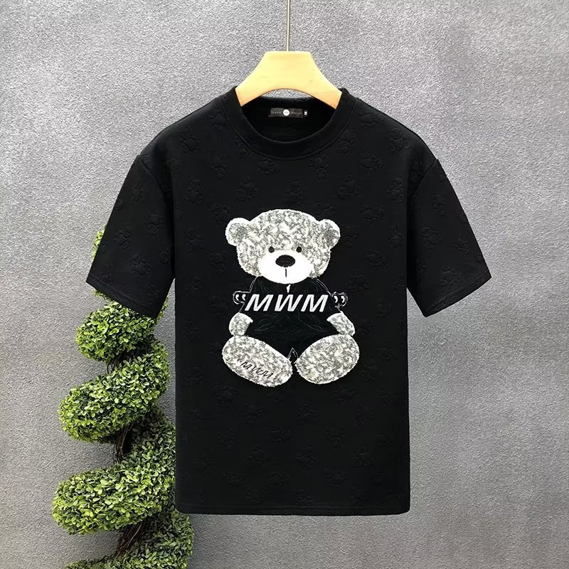 Advanced Cartoon Bear Embroidery Short T-shirt Men's Fashion Brand Handsome Round Neck Half Sleeve -- Printable Tiktok