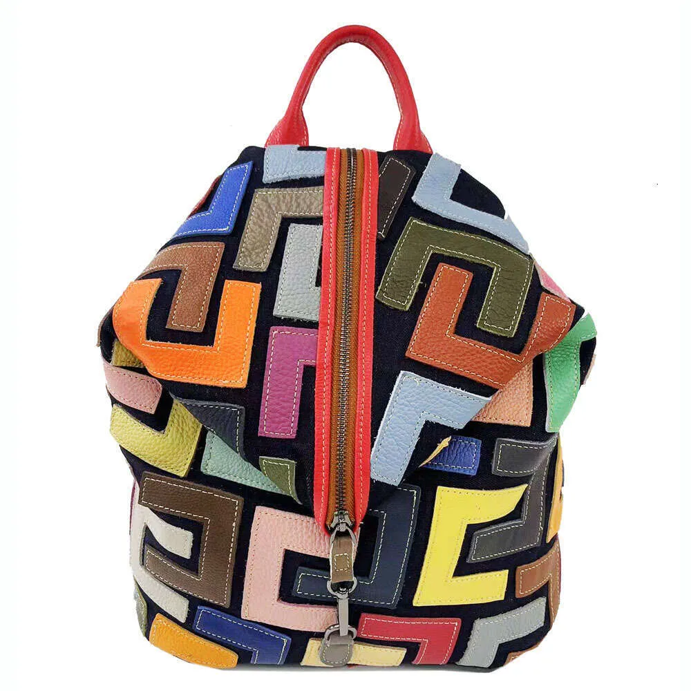 Vintage Lederrucksack Für Damen Bunter Patchwork Reise Rucksack_voghion.com