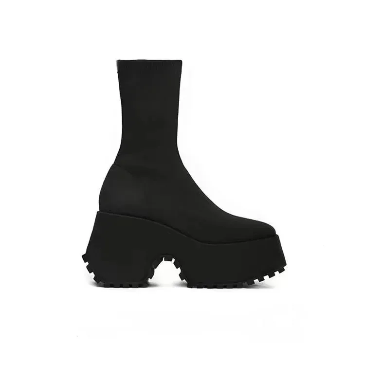 Șosete pantofi casual cu platformă ascunsă pentru femei, toamnă, tricotate, scurte, cizme cu platformă 11cm 241022_voghion.com