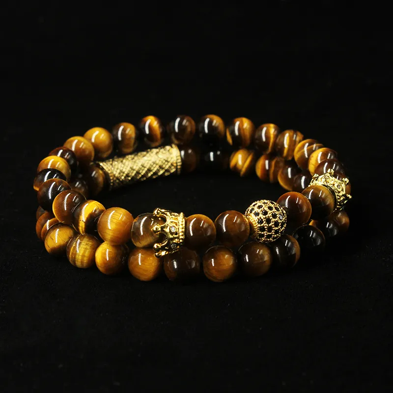 Set di braccialetti con perline di perle naturali di occhio di tigre da 2 pezzi/set, gioielli per uomo e donna, accessori per cinturino da polso in materiale elastico_voghion.com