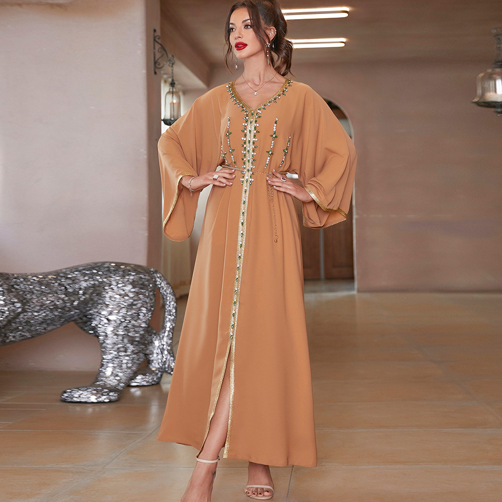 Vêtements pour femmes BA7061 kaki cousu à la main diamant manches de voyage robe robe abaya