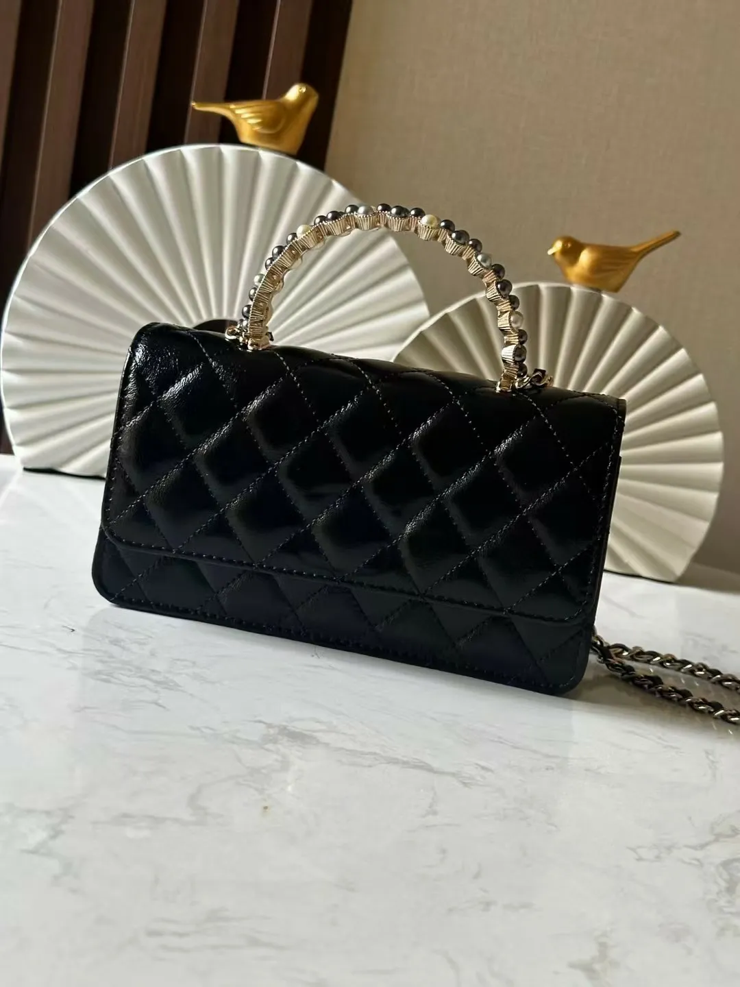 Two-tone Pearls Top Handle 10A Quality Designer Lambskin Leather Wallet On Chain Flap Gold-Tone Hardware Brushed Spring_voghion.com