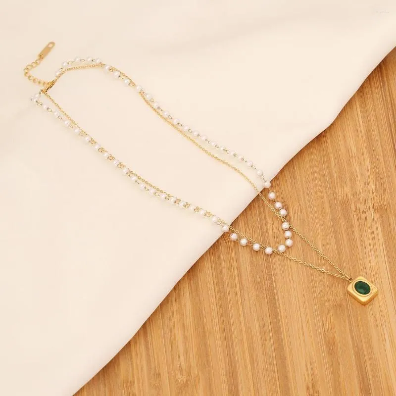 Anhänger Halsketten 2023 Modeschmuck Smaragd Halskette Perle Perlen geschichtet Edelstahl für Frauen_voghion.com