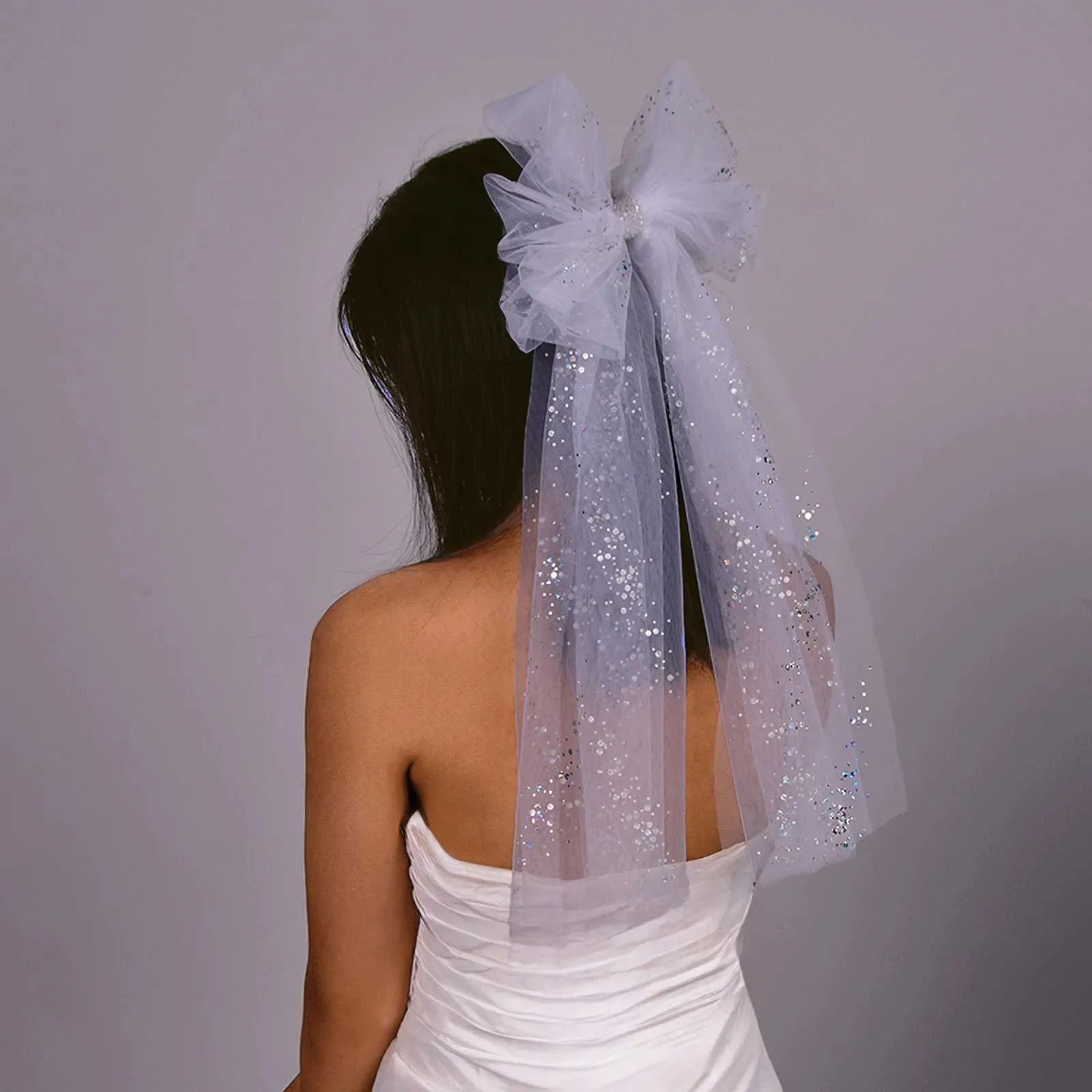 Gioielli Corto fiocco da sposa da sposa con pettine per capelli Scintillante velo morbido per la sposa Ragazza di fiori Accessori per addio al nubilato_voghion.com