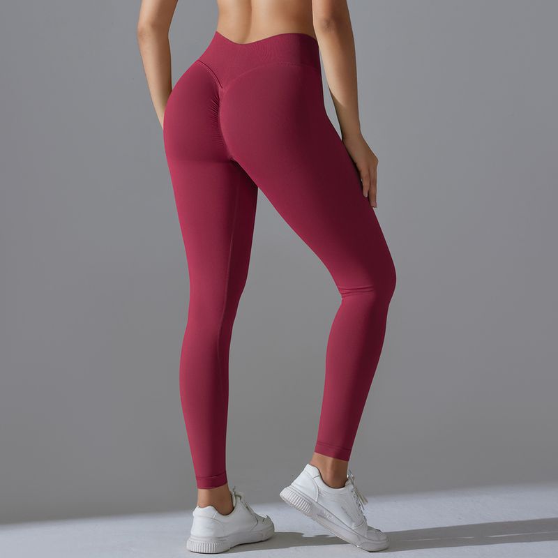 Seamless Knitted Solid Color Tight High Waist Peach Hip V-Waist Yoga Sports Running Fiess Pants_voghion.com