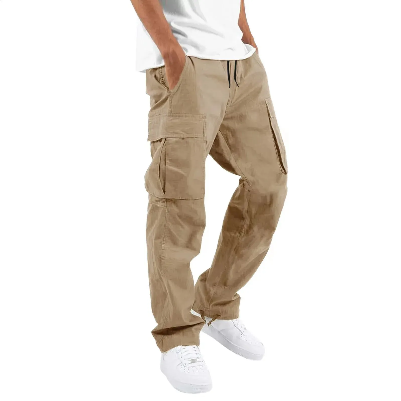 Calças para homens comprimento total cor sólida solta vários bolsos bolsos com cordão calças cargo masculinas 3XL 240813_voghion.com