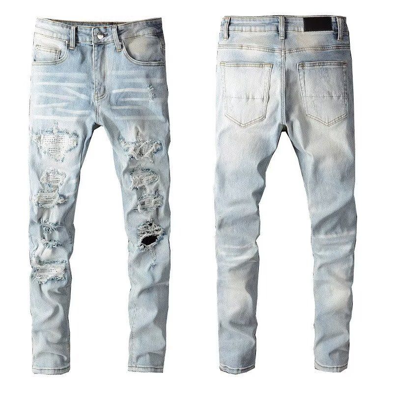 High Street Chiu – jean slim élastique pour homme, tout nouveau couteau de lavage, trous découpés dans le mendiant, autocollant