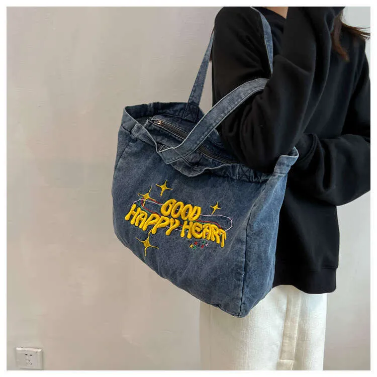 New Large Capacity Cowboy Shoulder Student's Canvas Schoolbag Women's Shopping Bag Street Dressing_voghion.com