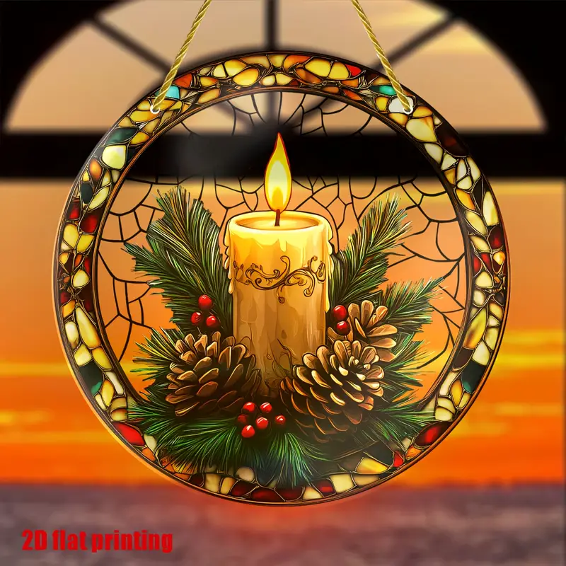 Εορταστικό Κηροπήγιο 8 ιντσών Suncatcher - Κρεμαστό Παράθυρο από Ακρυλικό Κουκουνάρι & Πουρνάρι για Χριστούγεννα, Ημέρα των Ευχαριστιών - Δώρο Χριστουγέννων & Διακόσμηση Σπιτιού_voghion.com