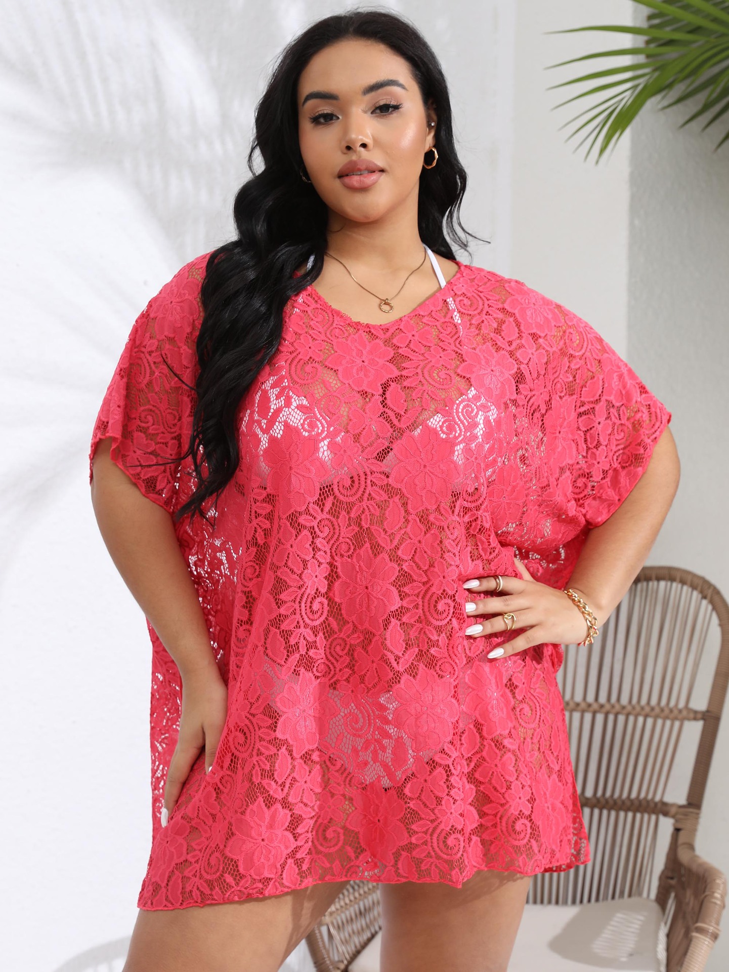 Plus größe frauen kleidung sexy spitze hohl sehen-durch V-ausschnitt split strand kleid bluse_voghion.com