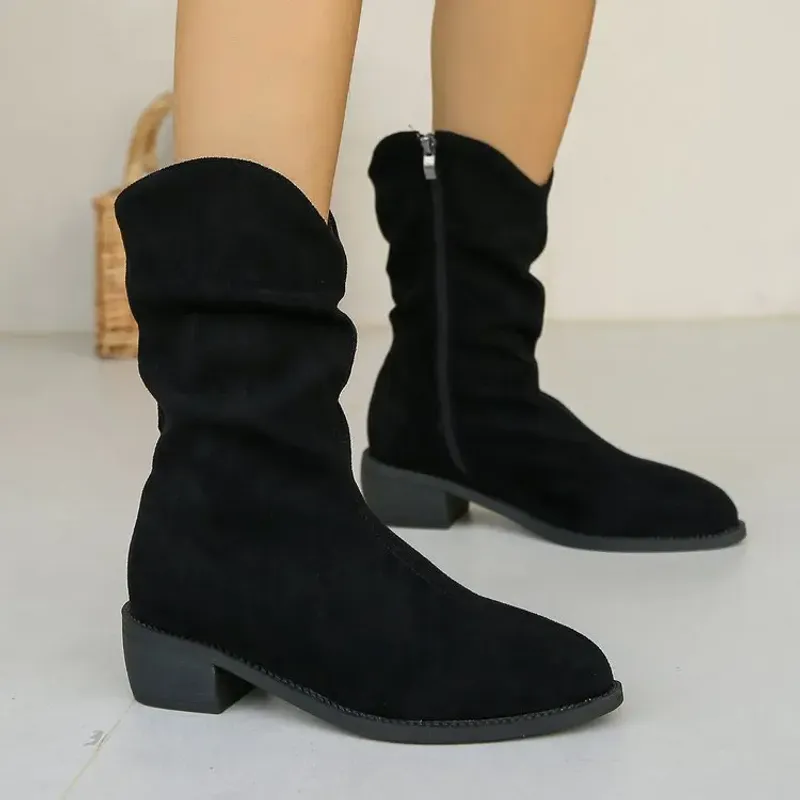 Retro Women Western Cowgirl Fashion Pointed Toe Shoes Autumn Winter Low Heel Ladies Knight Mid Calf Boots Botas De Mujer_voghion.com