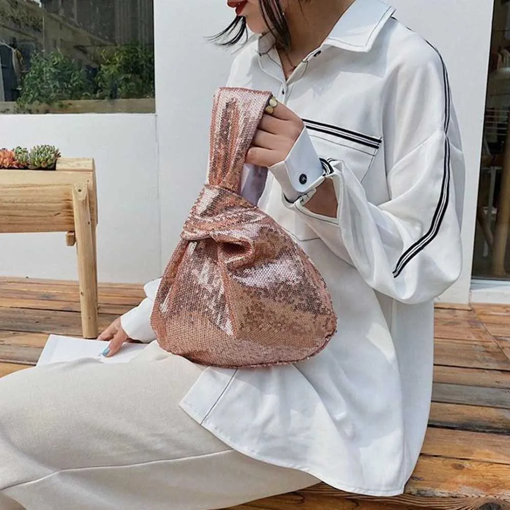 Portafoglio da donna alla moda con glitter scintillanti e chiusura a scatto, piccolo flash da polso con nodo, tasca, borsa firmata 2023 Y241106_voghion.com