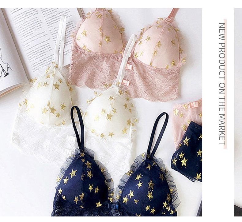 Women's clothing soft and cute girl bra set star print lace triangle cup light breathable suspender underwear set_voghion.com