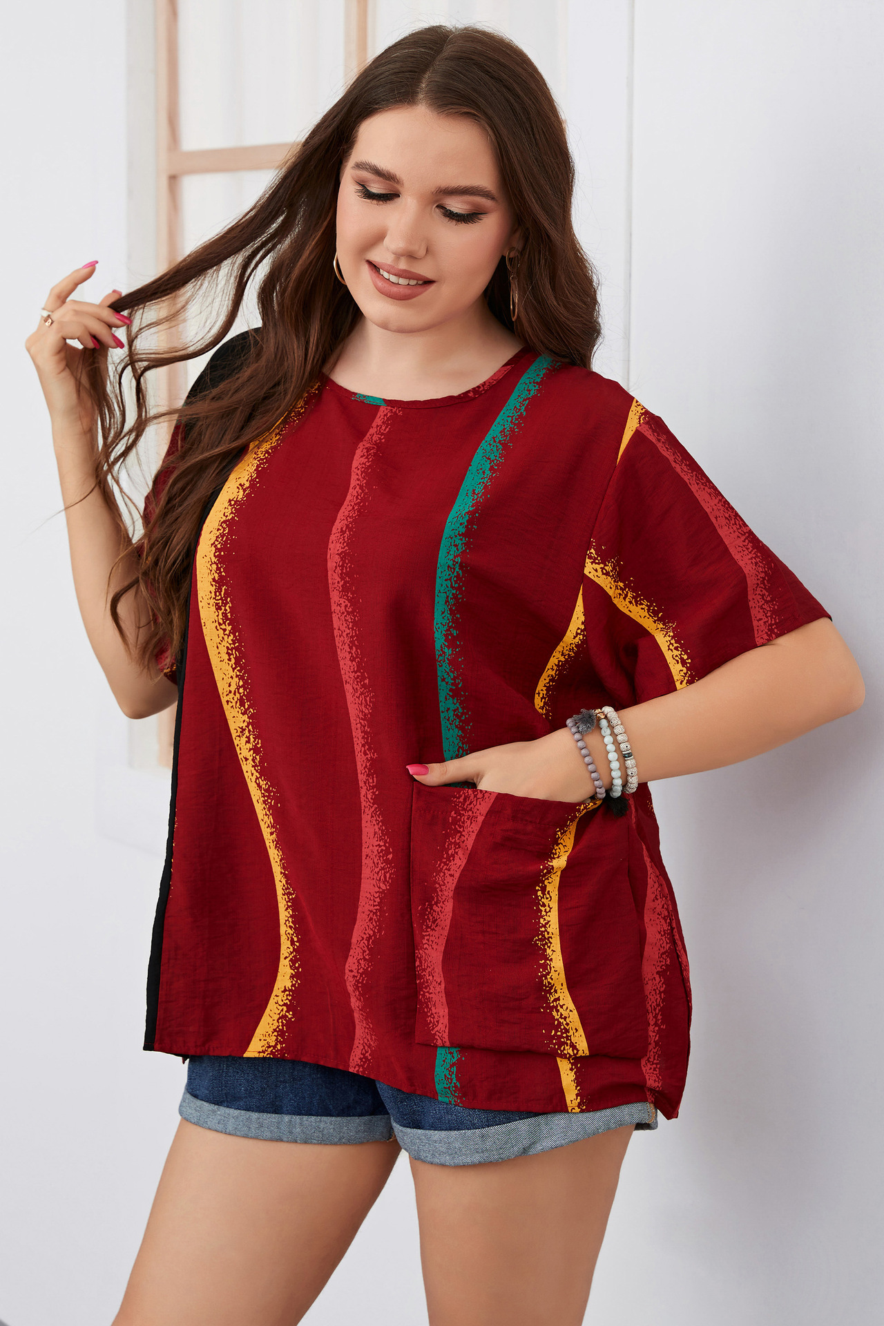 Women's striped contrast color large size women's shirt slim round neck women's clothing_voghion.com