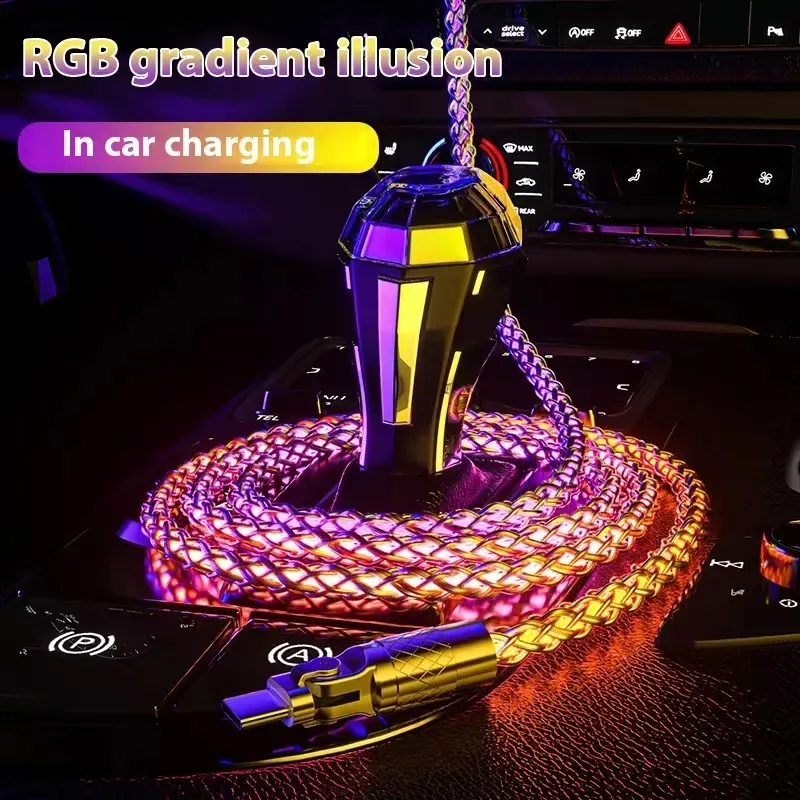 Câble de chargement USB-C pour voiture, lumière colorée RVB 120 W 6 A, transfert de données rapide, compatible avec iPhone/Samsung/Xiaomi_voghion.com