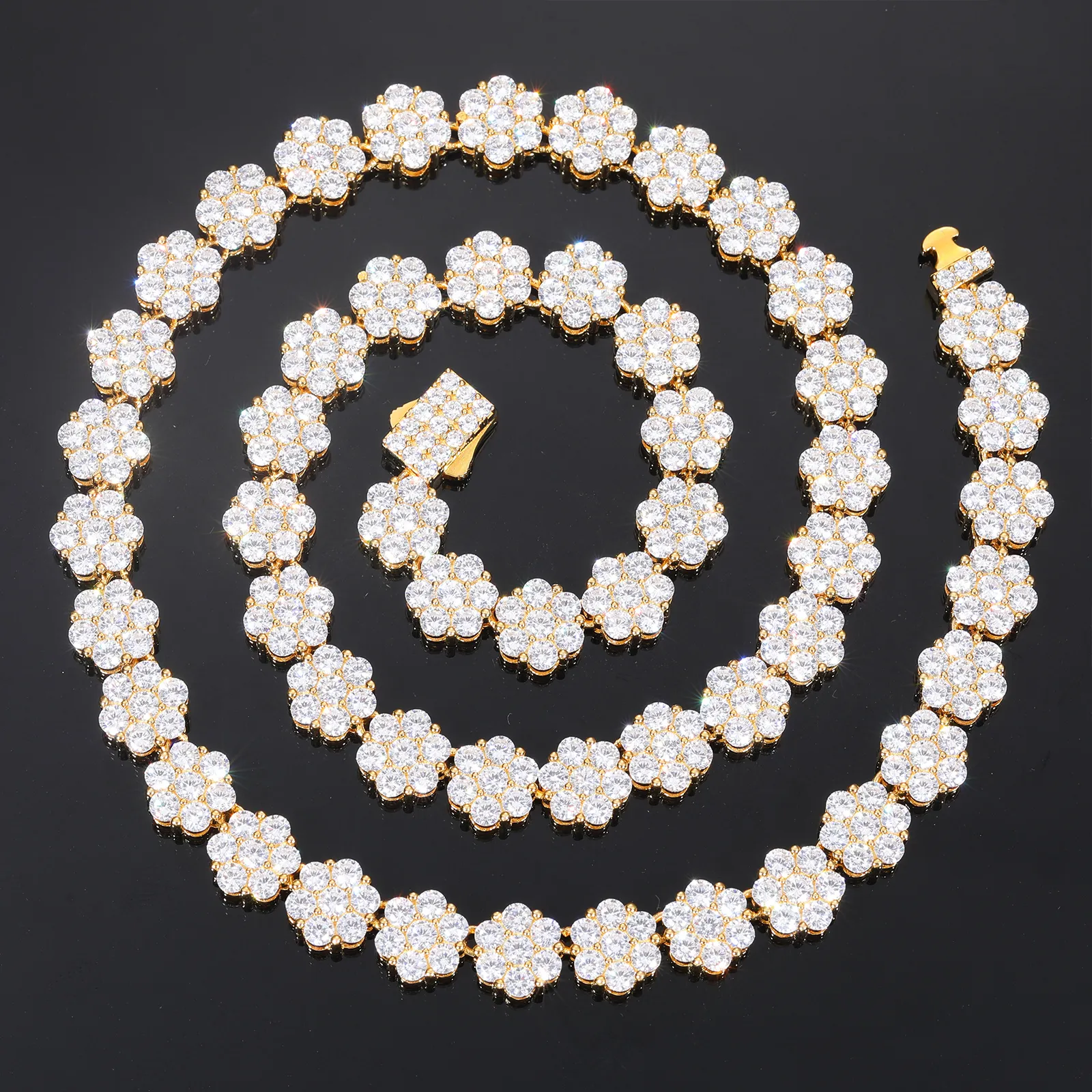 Gecertificeerde 9 mm Sterling Sier Diamond Cluster Flower Design Iced Out Cuban Link Chain-ketting met VVS Moissanite_voghion.com