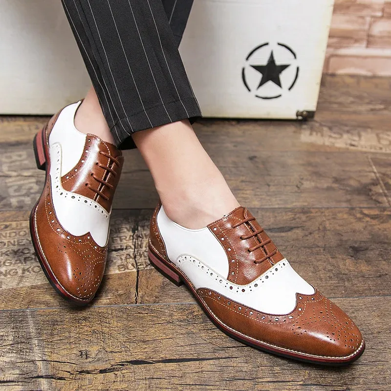 Chaussures de bal de promo en cuir pour hommes, mocassins à lacets, style richelieu, patchwork, noir et blanc_voghion.com