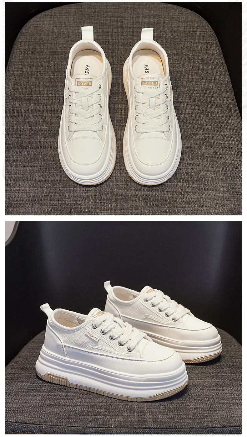Genuine Leather Thick Sole Round Toe Raised Small White Casual Comfortable Trendy And Versatile Women Board Shoes_voghion.com
