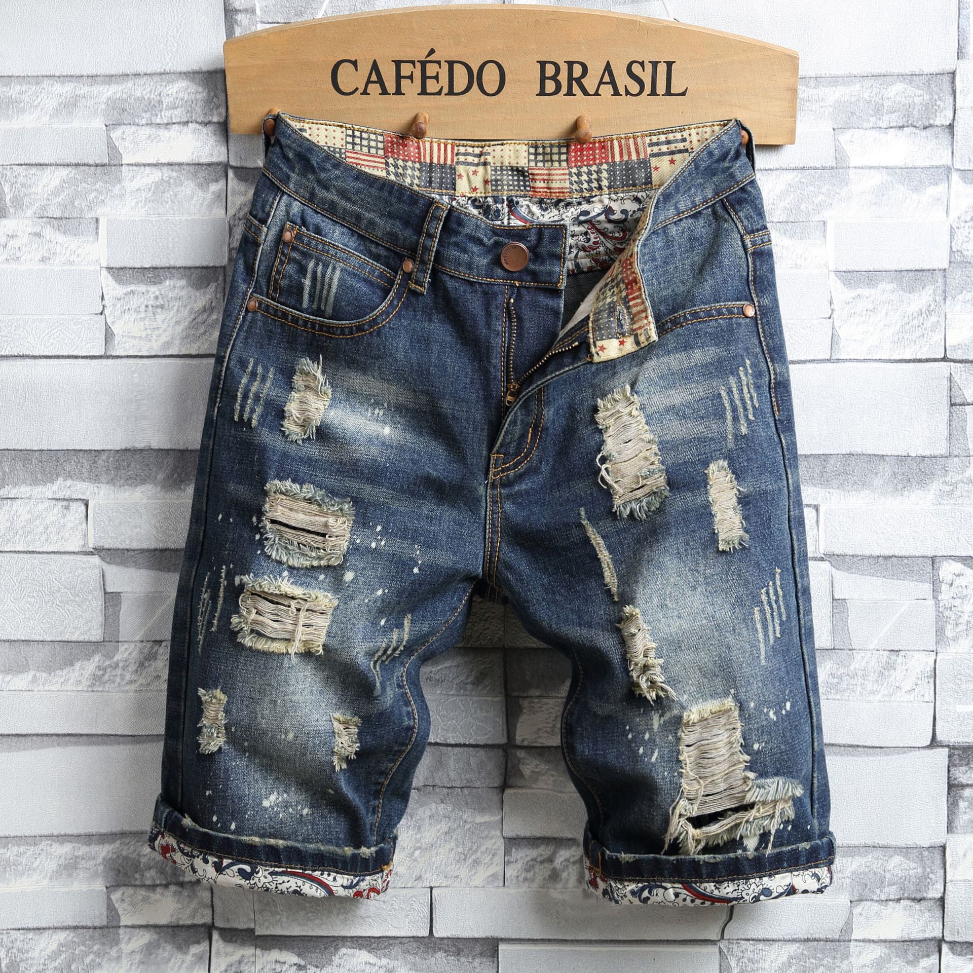 Pantalones cortos de mezclilla para hombre Pantalones recortados de hombre delgados rasgados retro Pantalones de parche