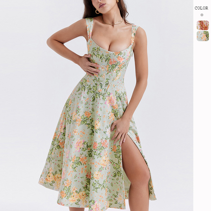 women's clothing 2024 spring and summer temperament slim suspenders sexy slit floral dress