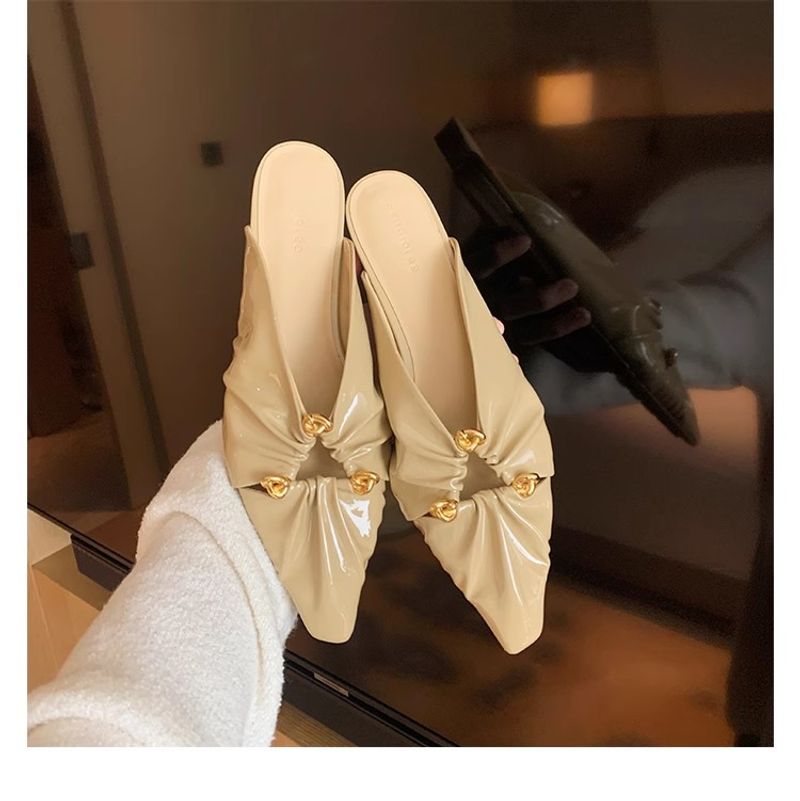 Grape Mom's Same Style Spring New Triangle Buckle Hollow Pointed Pleated Baotou Muller Half Slippers Women's Genuine_voghion.com