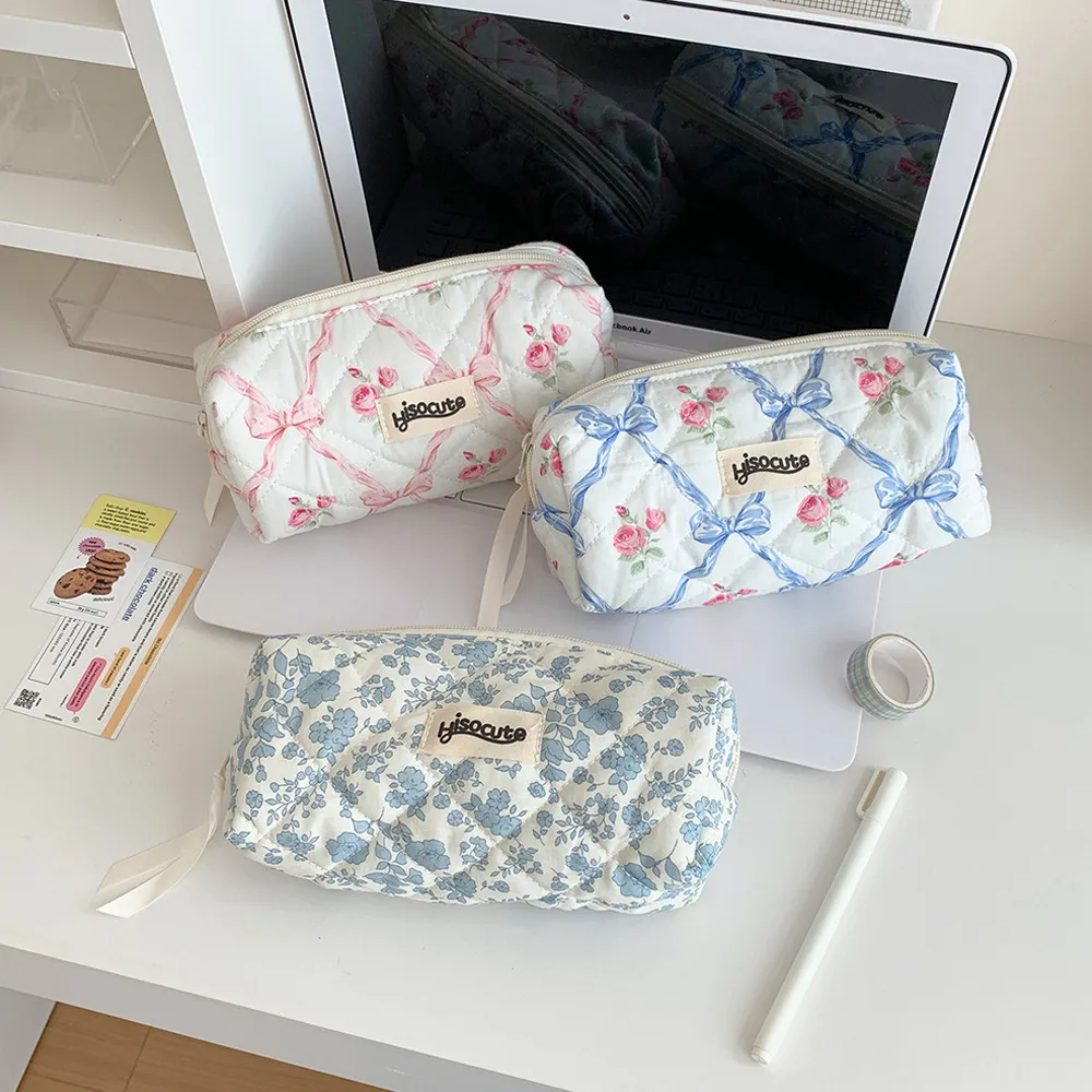 Borsa da trucco con cerniera, grande capacità, portatile, per cosmetici da donna, con fiocco e fiore, per ragazze._voghion.com