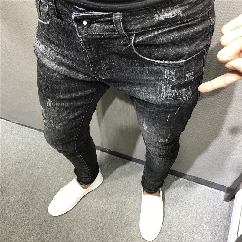 Men's Clothing Slim Embroidered Cat Whiskers Black Skinny Jeans Men's Long Social Spirit Guy Internet Celebrity