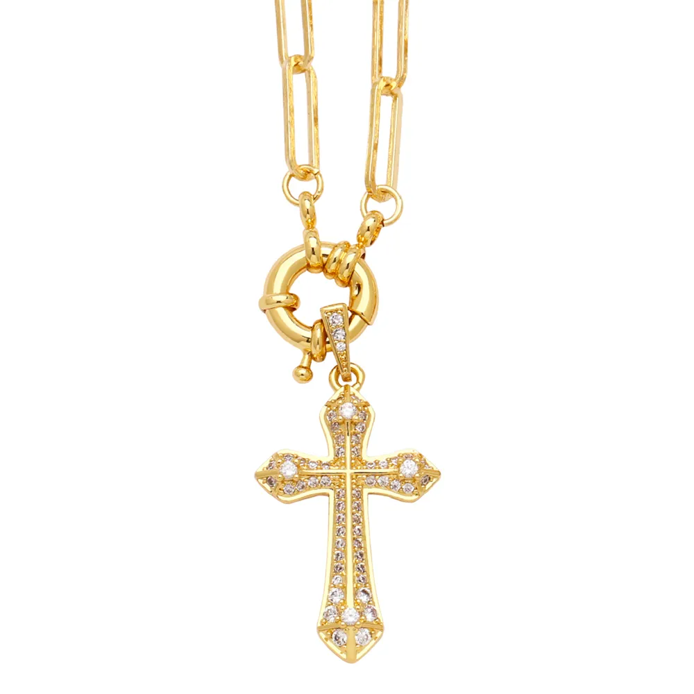 Collane con ciondolo FLOLA MultiColor Zircone Croce per donna Rame Placcato Oro Catena a graffetta Amuleto Gioielli Regali Collare_voghion.com