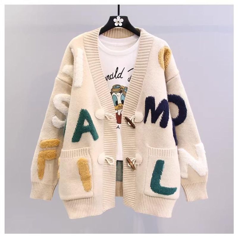 Women's Clothing Fat mm stylish horn button letter sweater jacket for women autumn and winter new large size loose lazy_voghion.com