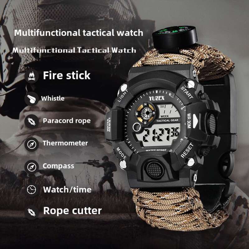 Multi - Functional Outdoor Adventure Bracelet: Umbrella Rope, Flint, Compass, Thermometer, Watch_voghion.com
