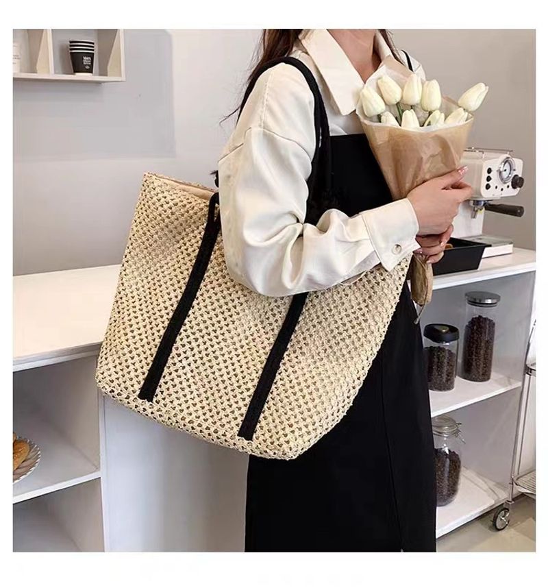 Aushöhlen Papierseil große Kapazität Mode Schnalle einzelne Schulter Gras gewebte Damen Tasche Strandtasche_voghion.com