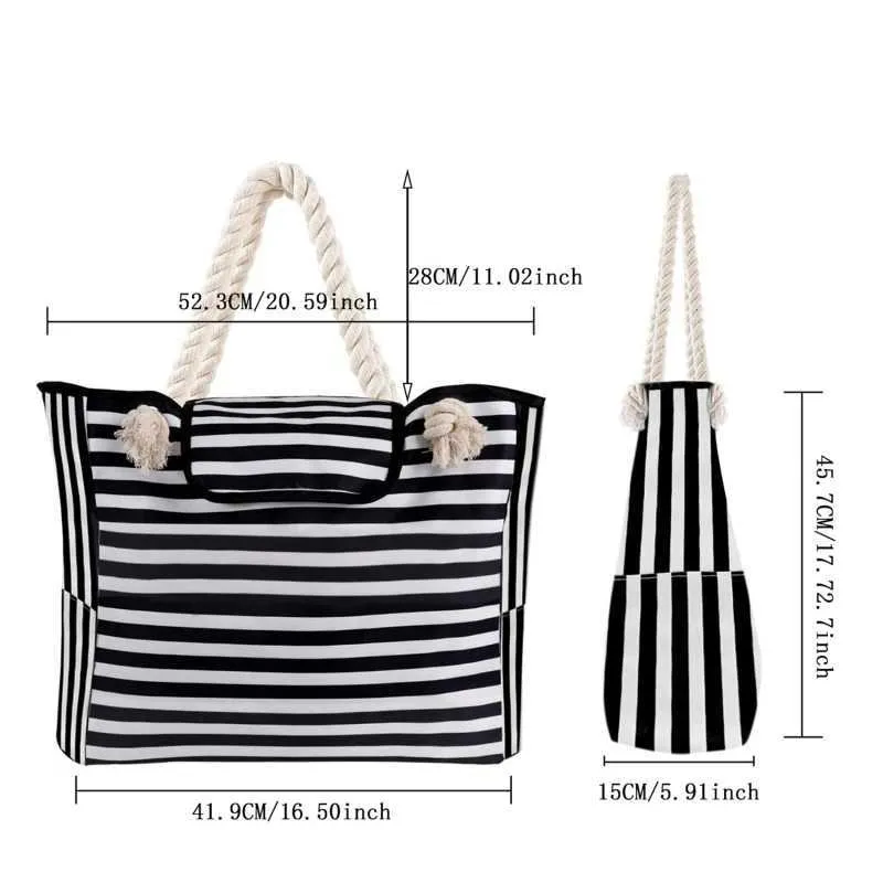 Handbag black and white stripes large capacity beach bag handbag with ten font fashion print womens canvas shoulder_voghion.com
