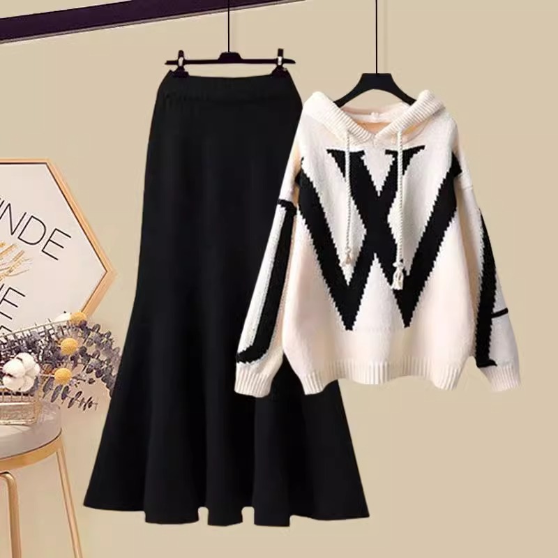 Women's Clothing Autumn Plus Size Outfit For Women New Style Fashion Temperament Age Reducing Hooded Knitted Sweater Skirt Two Piece Suit