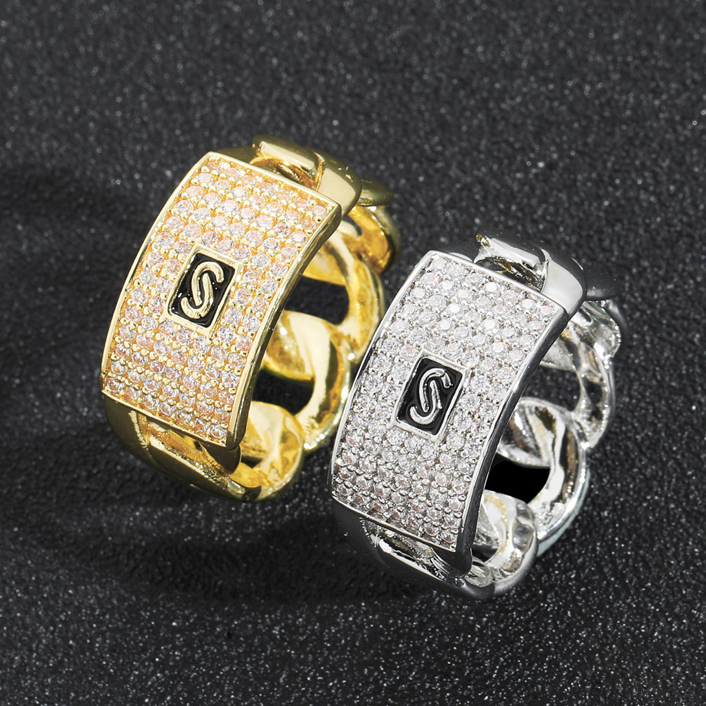 Hip Hop Men's Geometric Zircon 14K Full Diamond Cuban Chain Design Trendy Ring