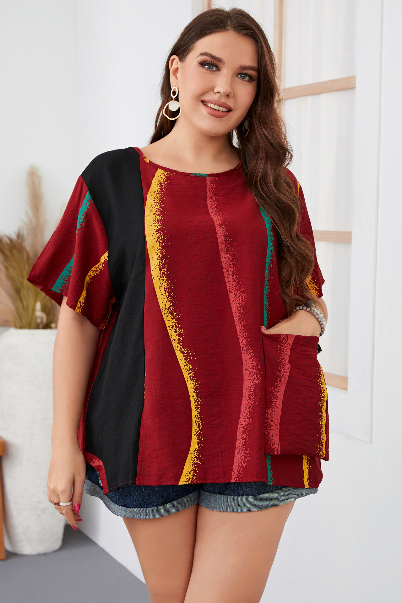 Women's striped contrast color large size women's shirt slim round neck women's clothing_voghion.com