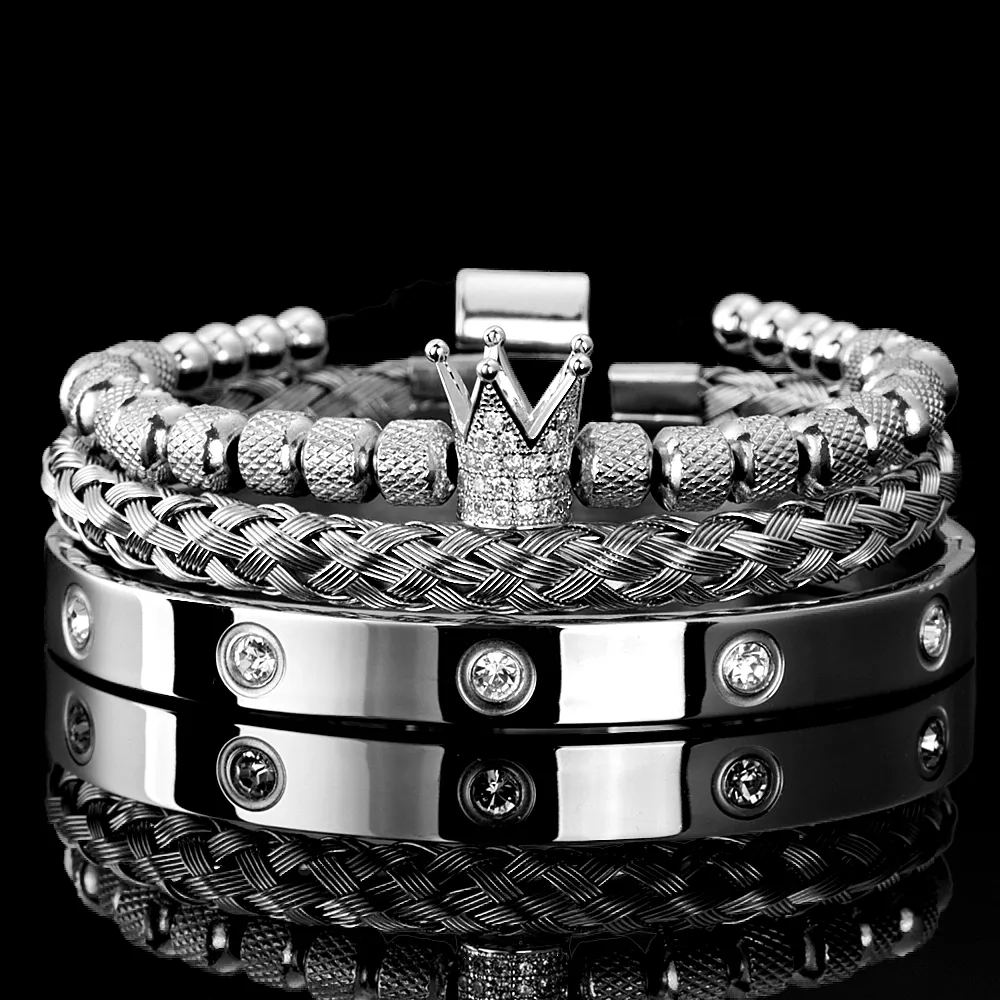 3 stk/sett Micro Pave CZ Crown Roman Royal Charm Men Armbånd Rustfritt stål Krystaller Armbånd Par Håndlagde smykker_voghion.com
