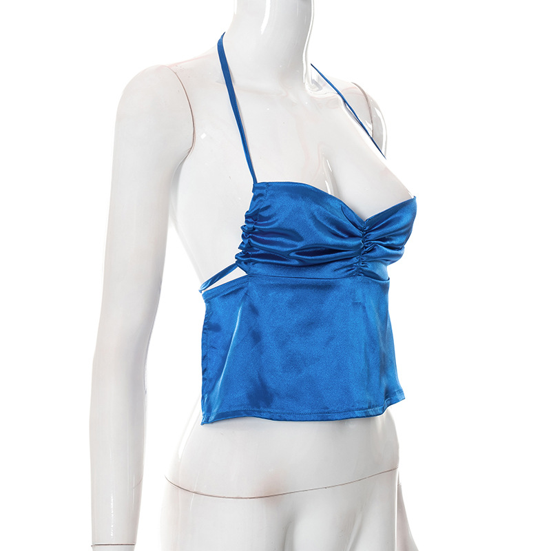 D22TP135 Estate Nuovo 2024 Tinta unita Lace up Collo Appeso Senza Maniche Ombelico Aperto Indietro Canotta da Donna_voghion.com